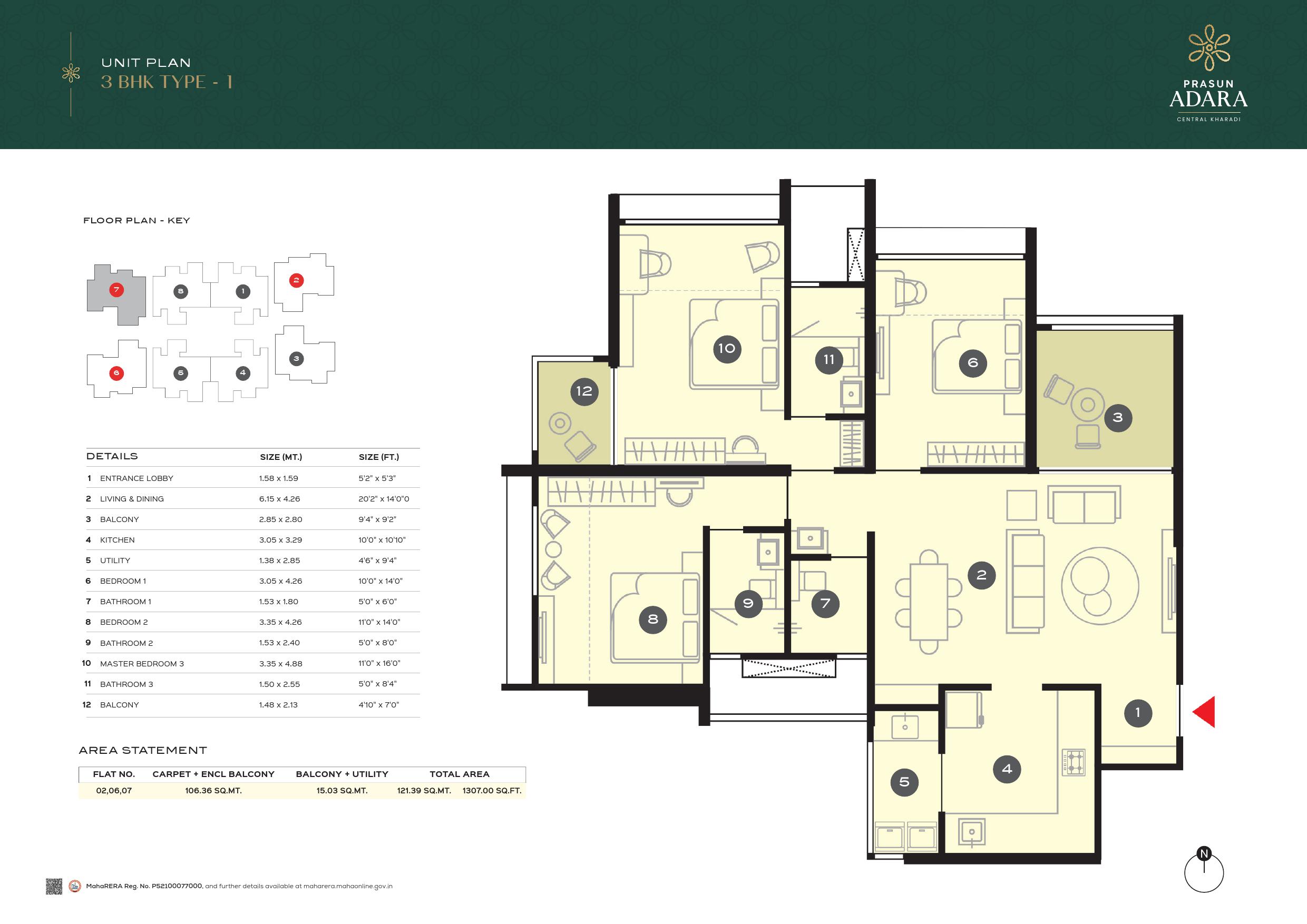 3BHK 1307sqft