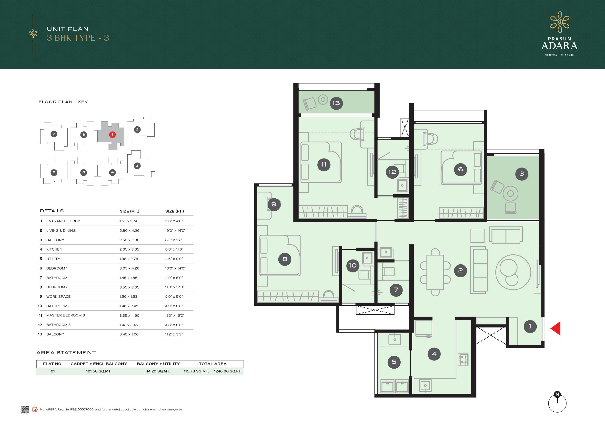 3BHK 1246sqft